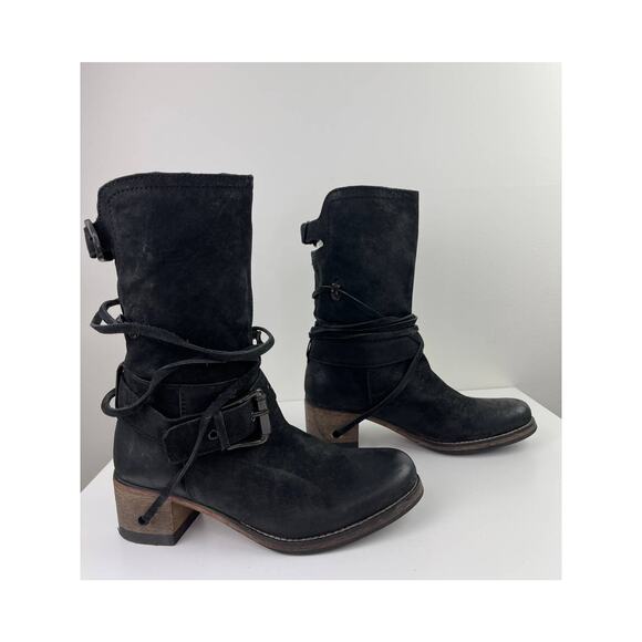 Cafe Noir Black Suede Nubuck Boots Mid-Calf Heeled Buckle Round Toe Size 38 - Picture 1 of 11